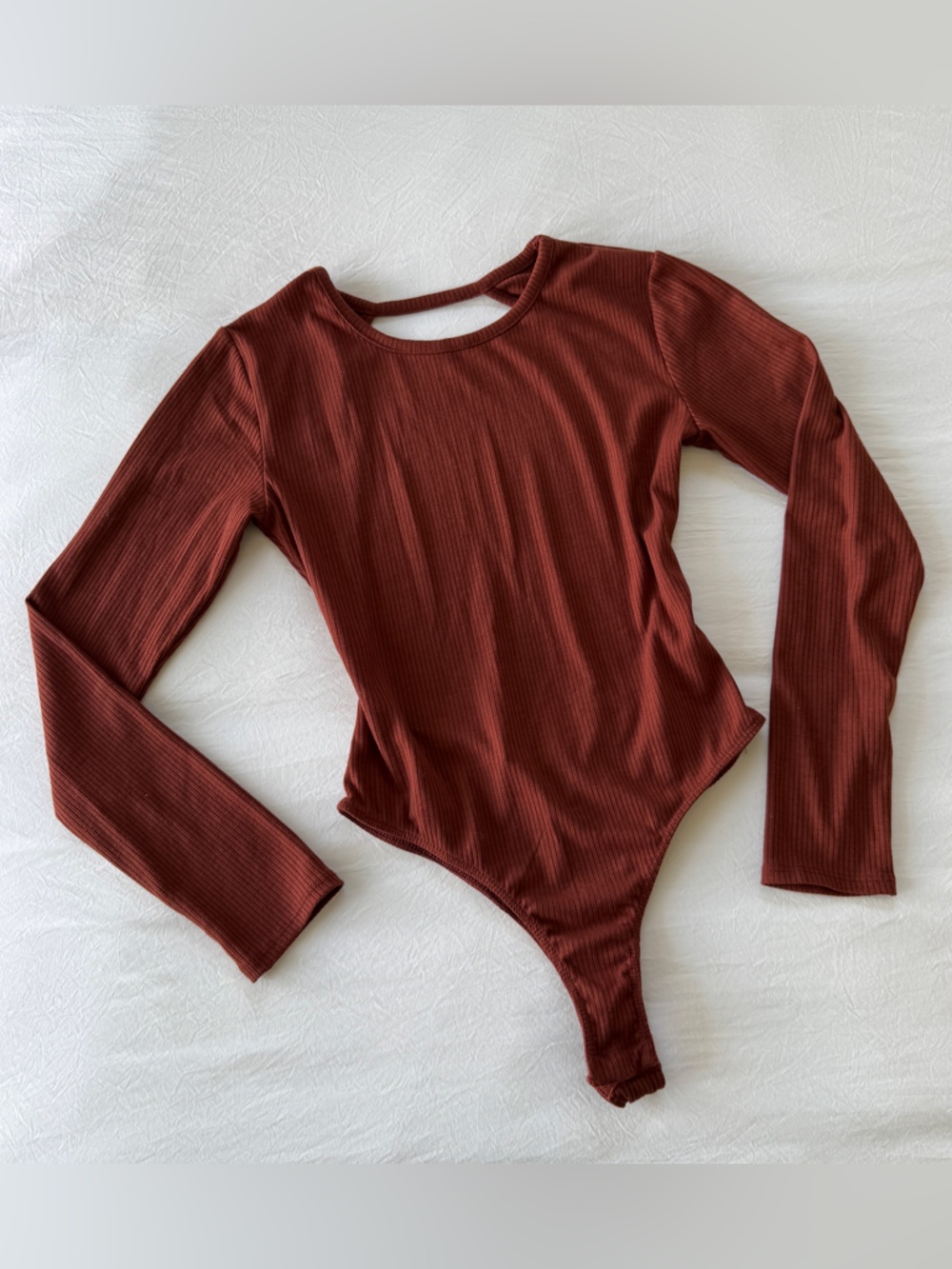 Ribbed, Backless Long-Sleeve Bodysuit in Burnt Orange
